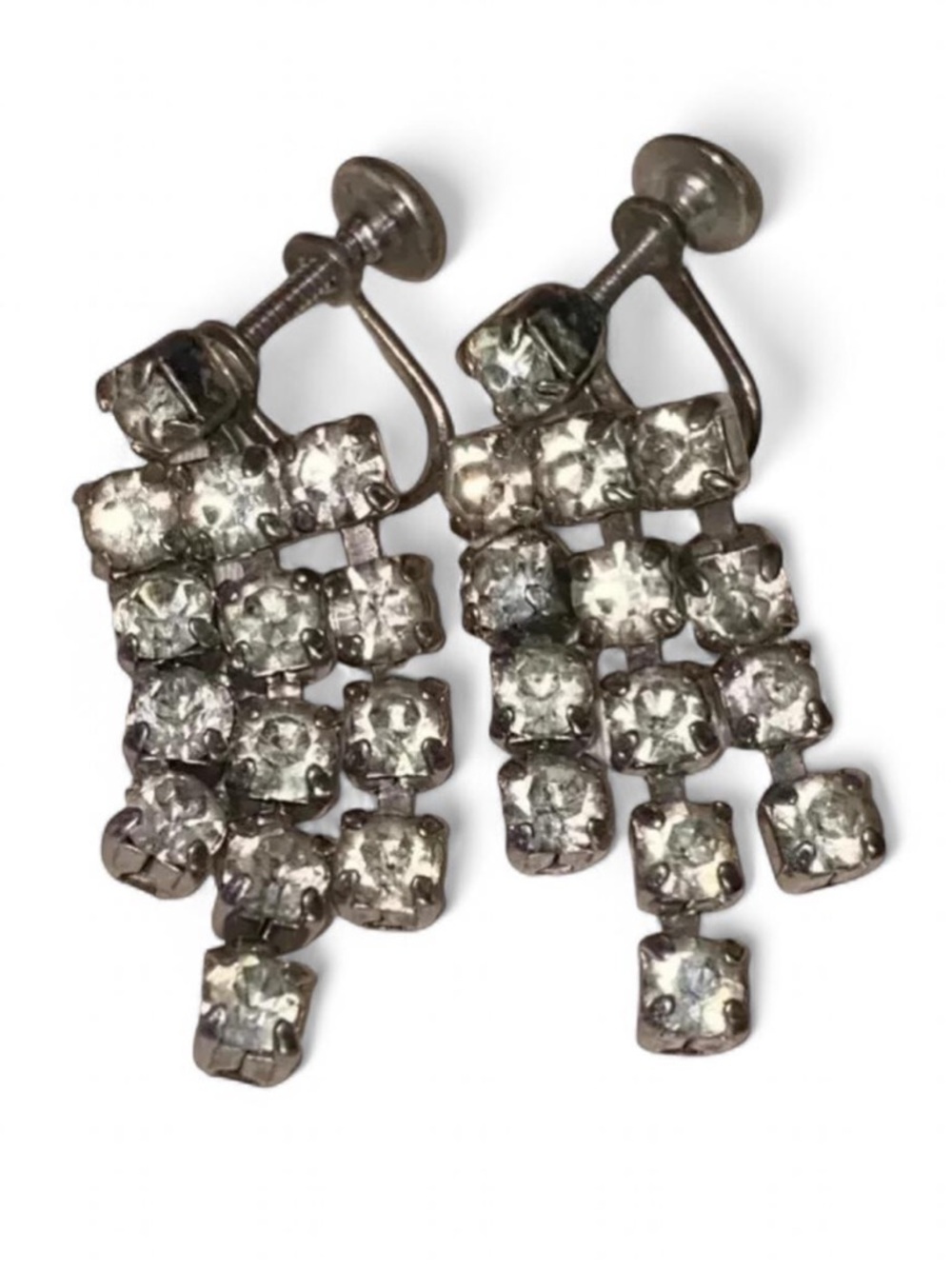 Vintage Screwback Rhinestone Silver Tone Dangle Fringe Clip On Earrings